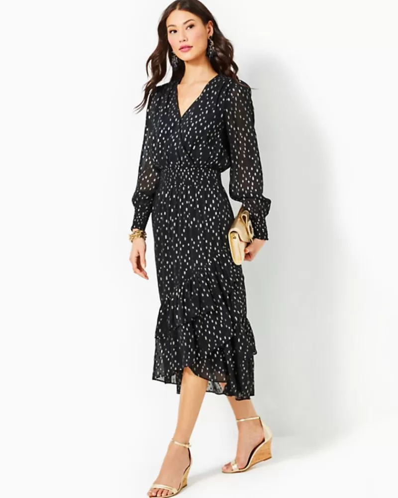 Dresses^Lilly Pulitzer Cristiana Midi Dress Onyx Viscose Metallic Clip Dobby