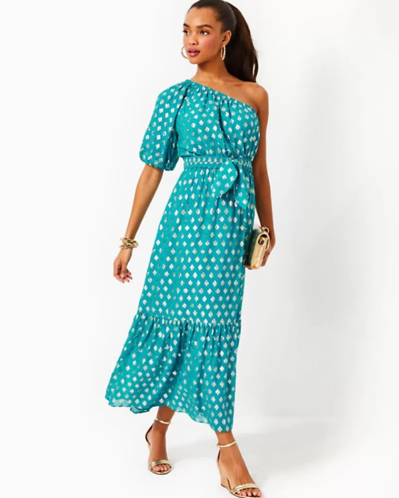 Dresses^Lilly Pulitzer Zelalynn One-Shoulder Maxi Dress Blue Rhapsody Pattern Play Viscose Metallic Clip